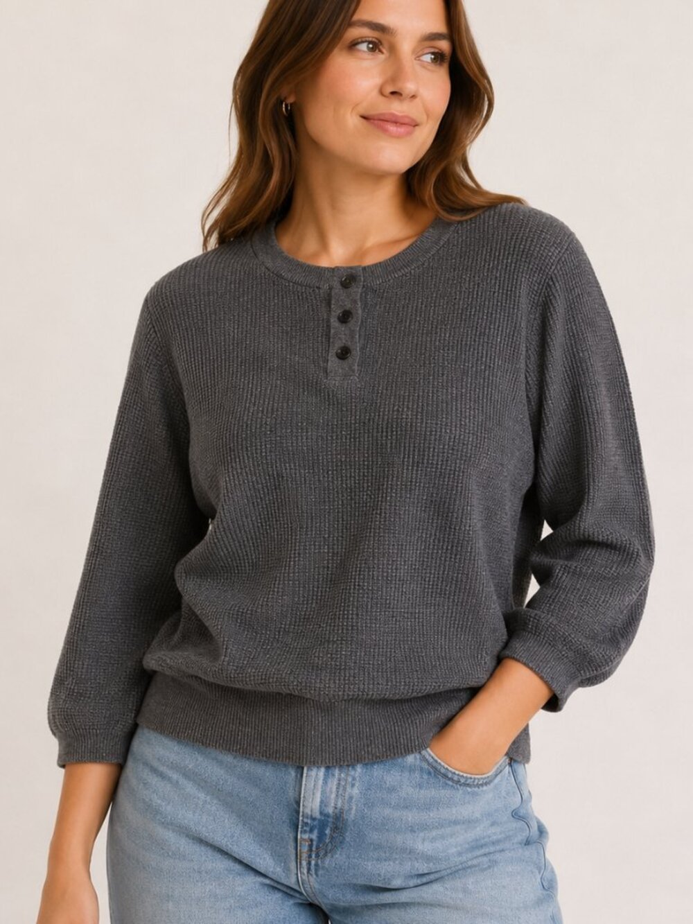 William Rast Gray Waffle Knit Henley Sweater Women's Small Cotton 3/4 Sleeve